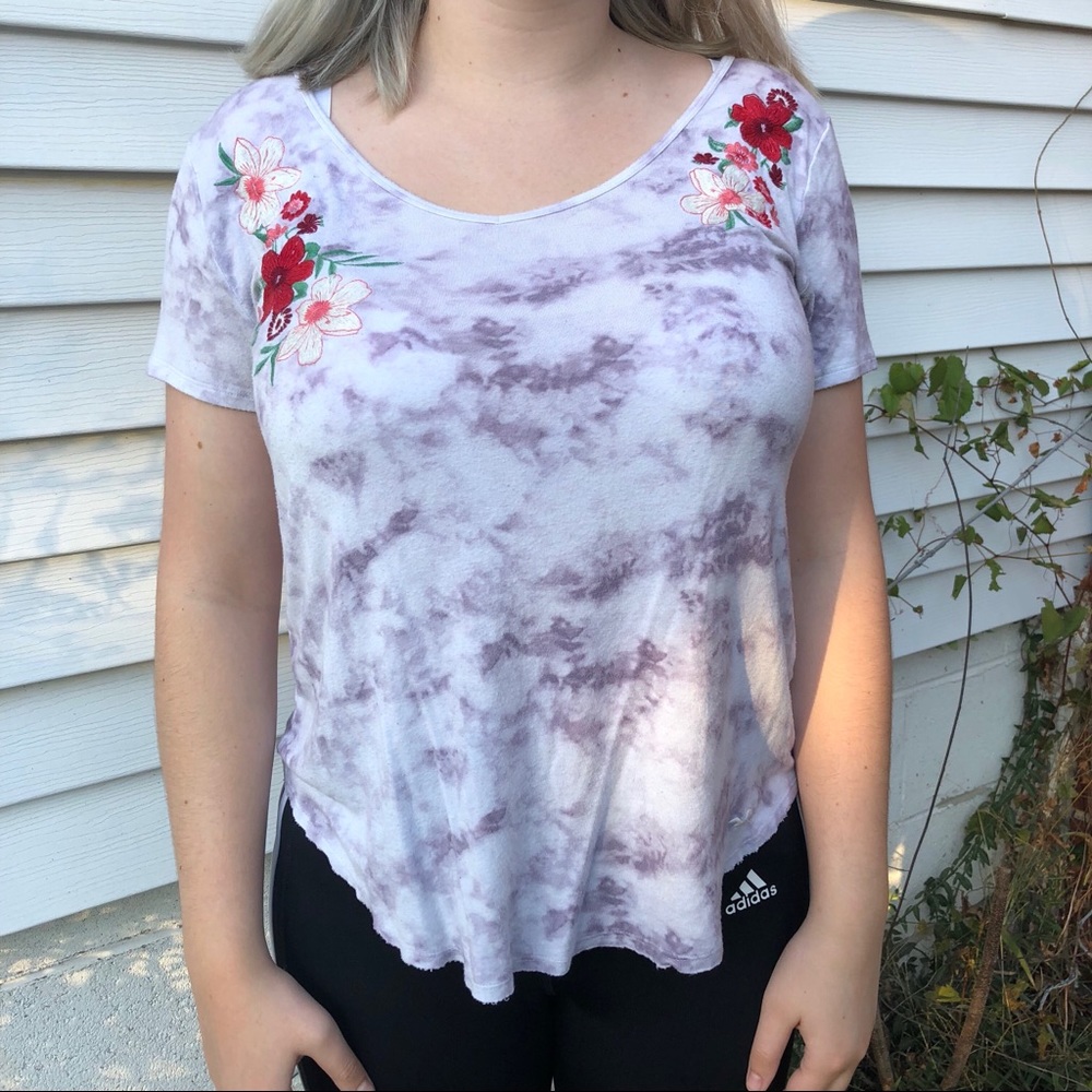 Purple Tie Dye T-Shirt with Embroidered Flowers